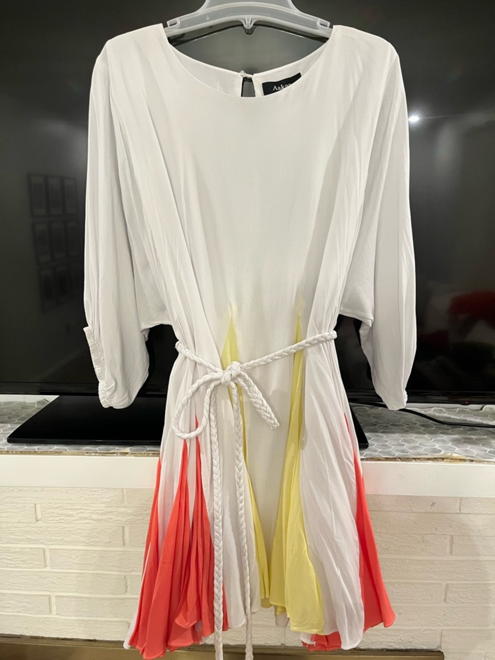 Aakaa White Midi Dress with Coral and Yellow Panels